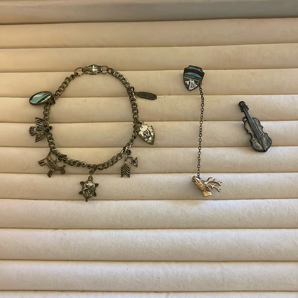 Vintage estate, jewelry, charm bracelet with pen and charm. Set of 3 pieces